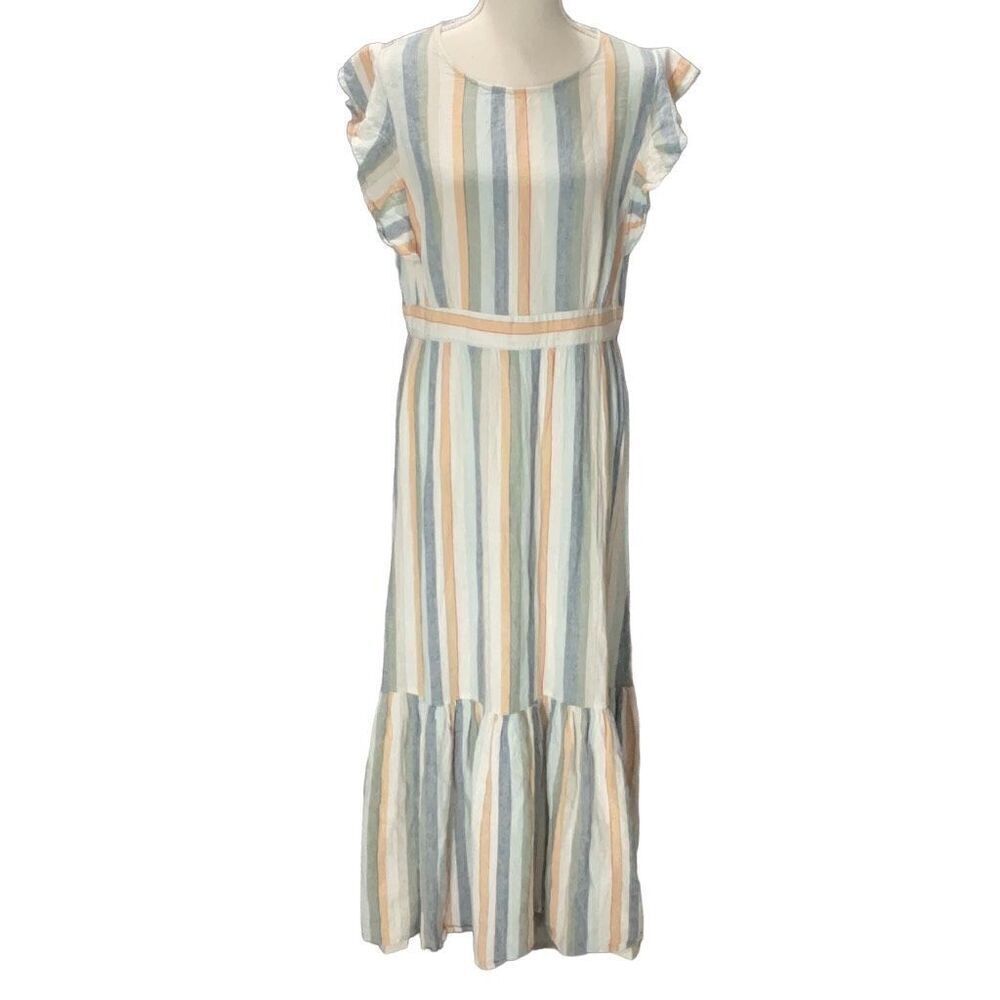 For Cynthia Striped Maxi Dress Linen Blend Pastels Short Sleeve Beachy Medium?